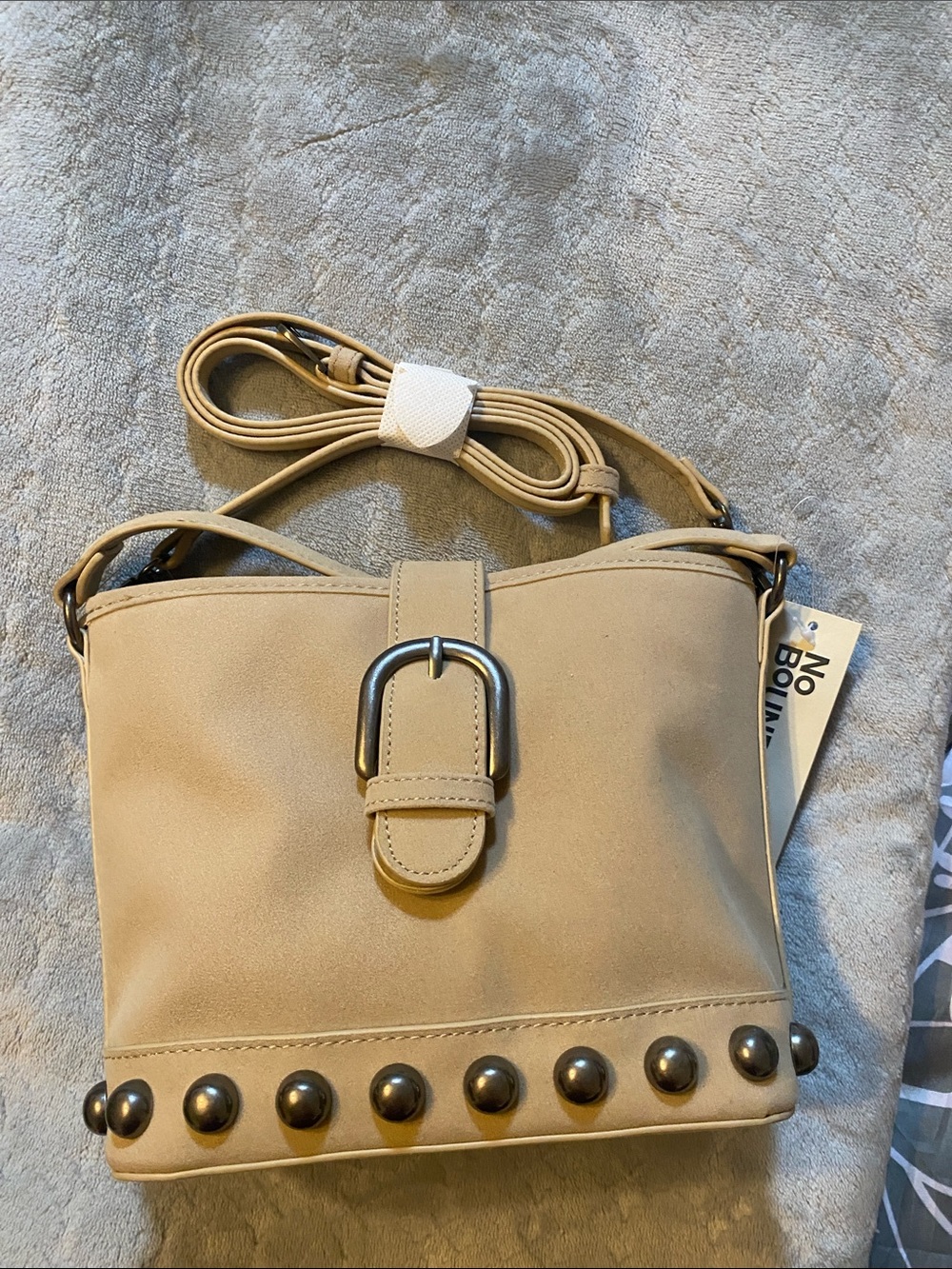 New No Boundaries Stud-Trim Tan Crossbody Bag with Buckle Strap
